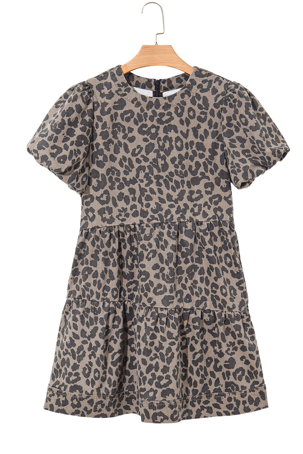 Brown Leopard Print Short Sleeve Flared Denim Mini Dress
