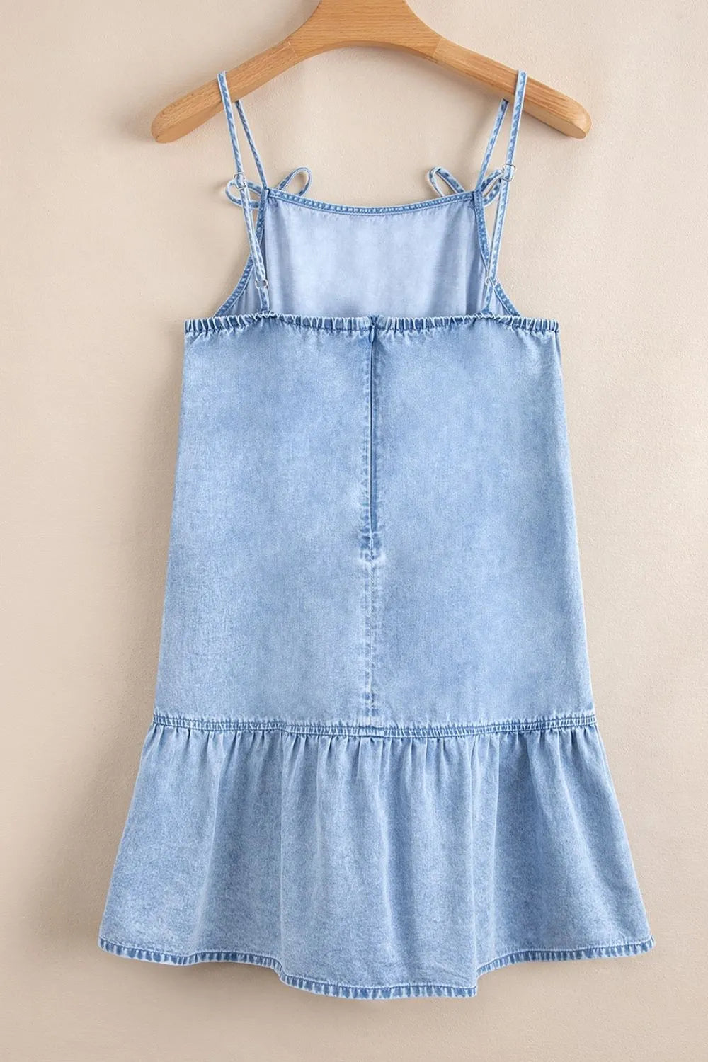 Bow Detail Spaghetti Straps Ruffle Hem Denim Dress