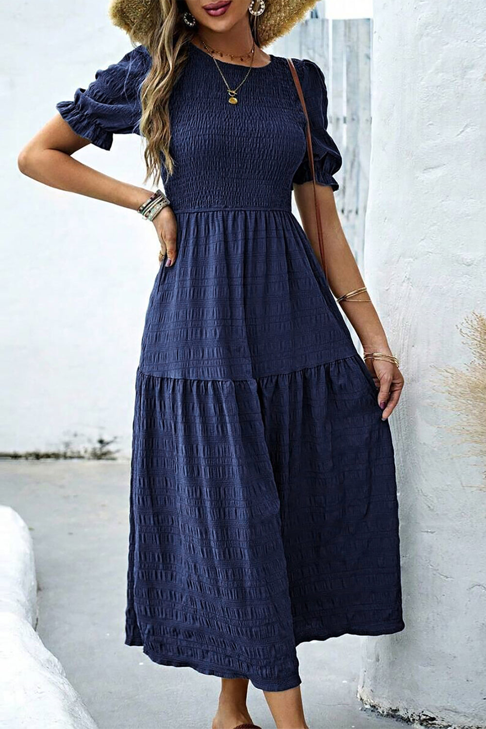 Smocked Short Sleeve Midi Dress