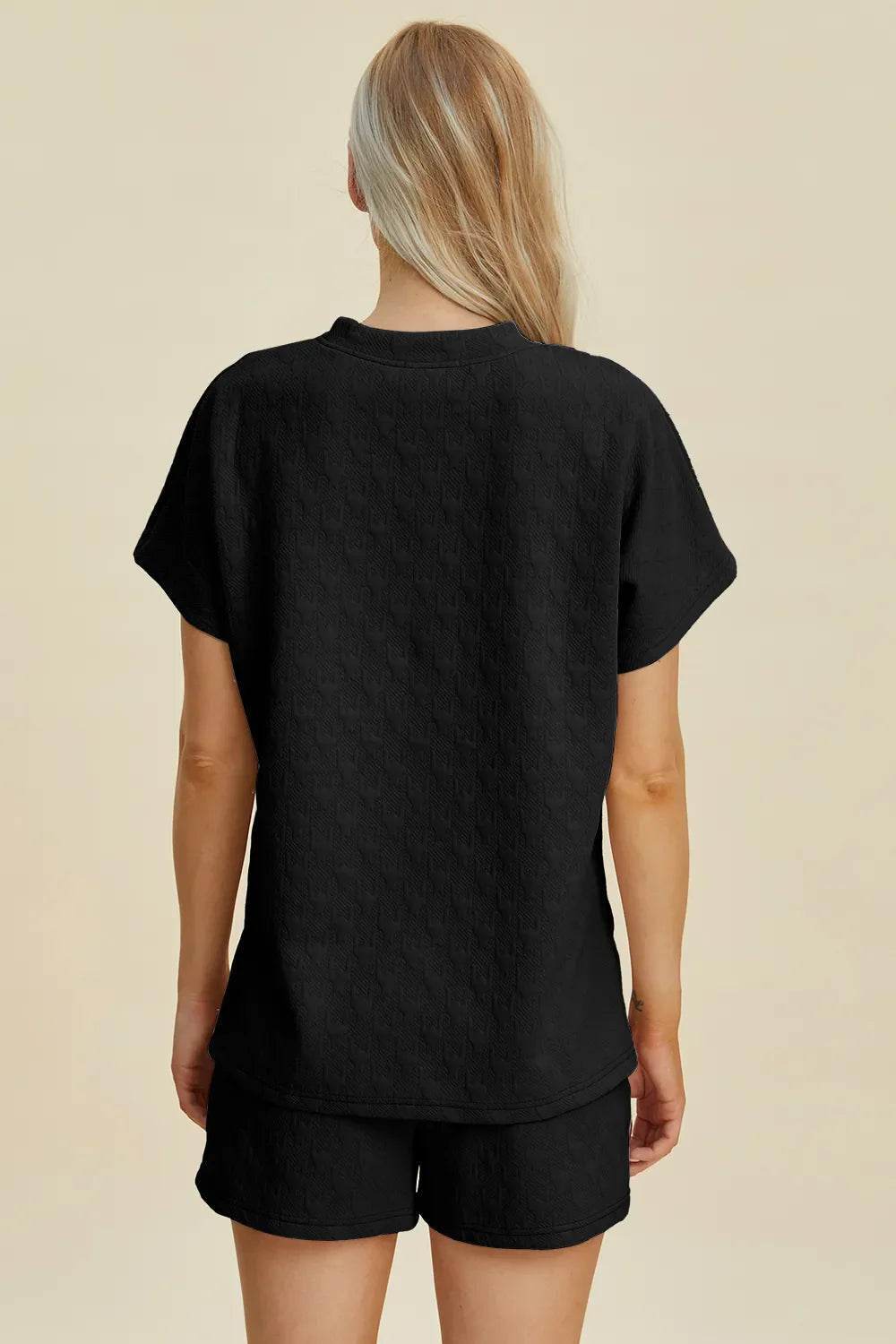 Double Take Full Size Texture Round Neck Short Sleeve Top and Shorts Set
