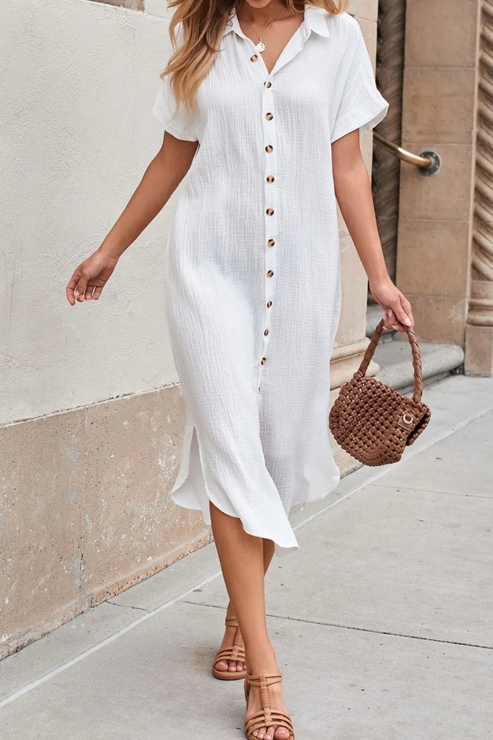 Button Down Short Sleeve Midi Shirt Dress
