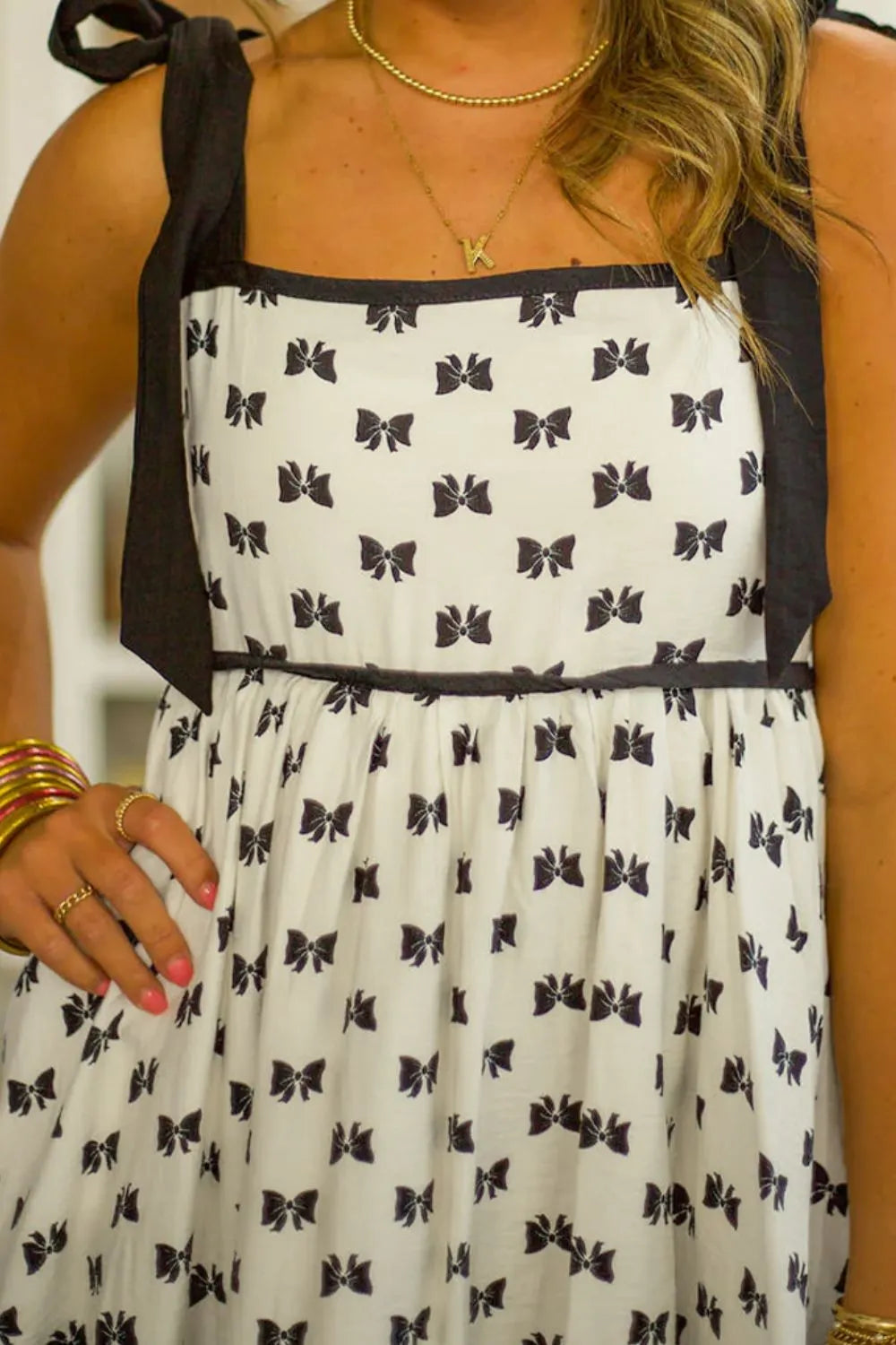 Bow Knot Color Contrast Trim Knotted Shoulder Mini Dress