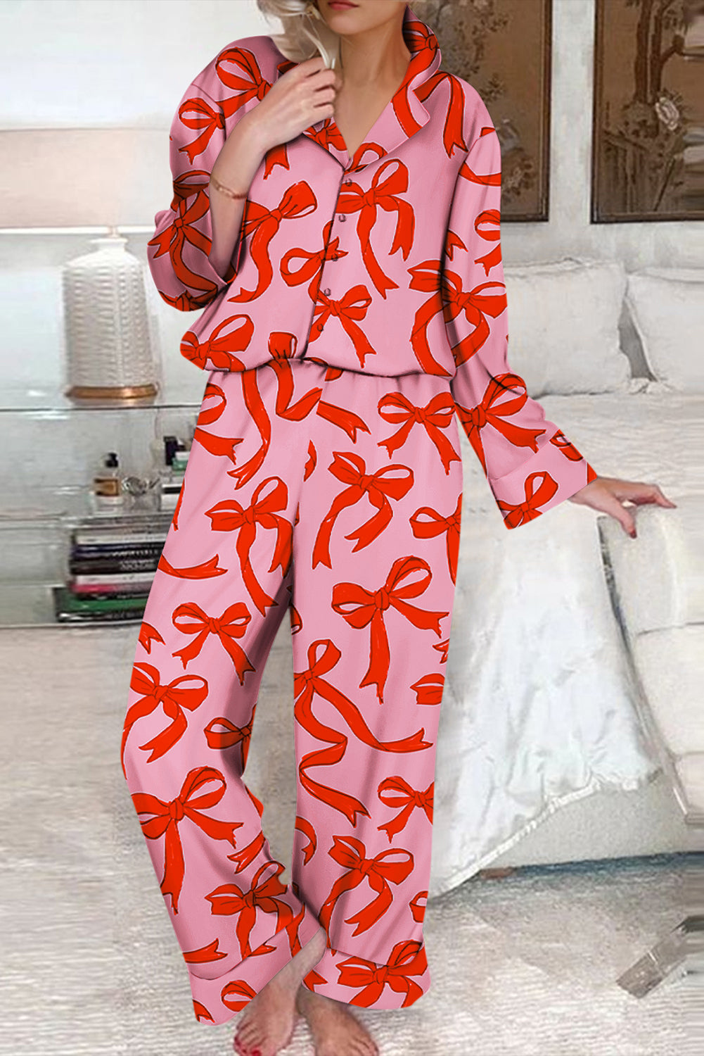 Pink Bow Sleeve Pajama Set