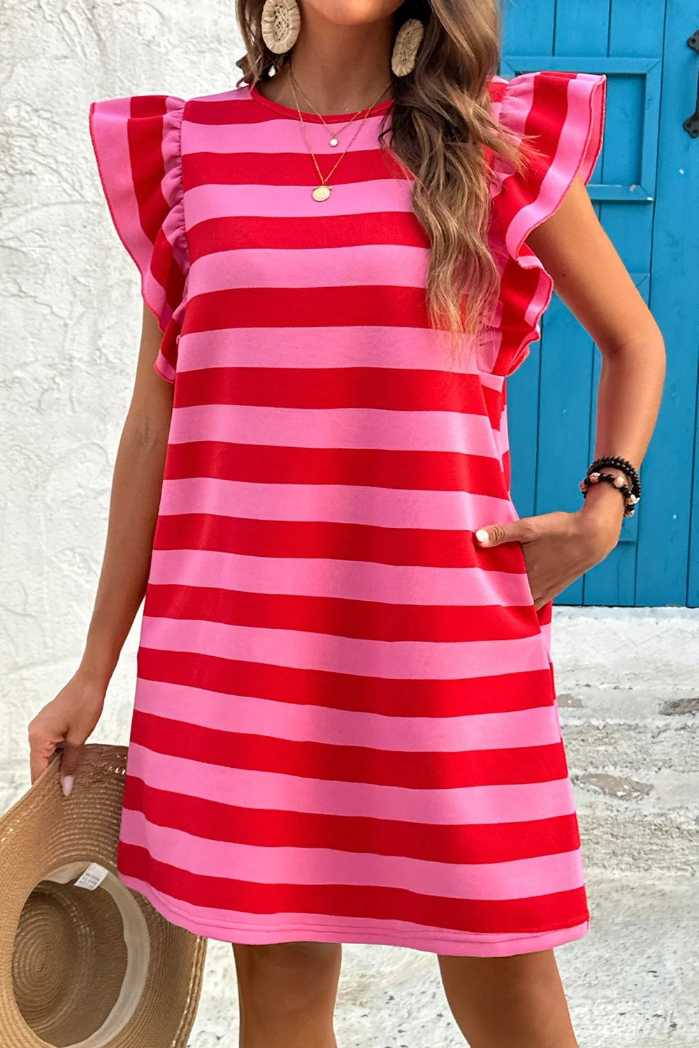 Contrast Striped Round Neck Cap Sleeve Mini Dress