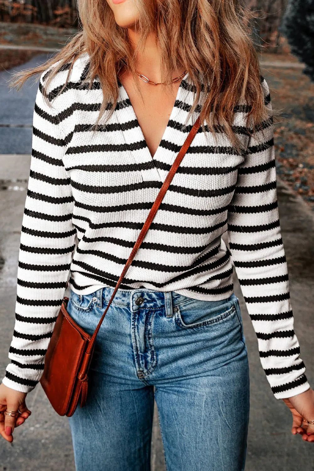 Double Take Striped Johnny Collar Long Sleeve Knit Top