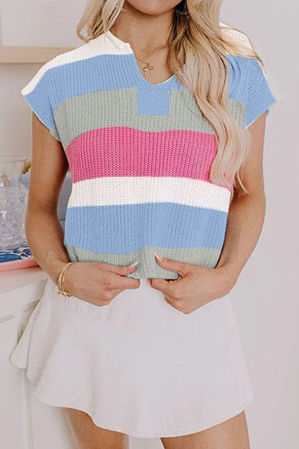 Color Block Notched Cap Sleeve Knit Top
