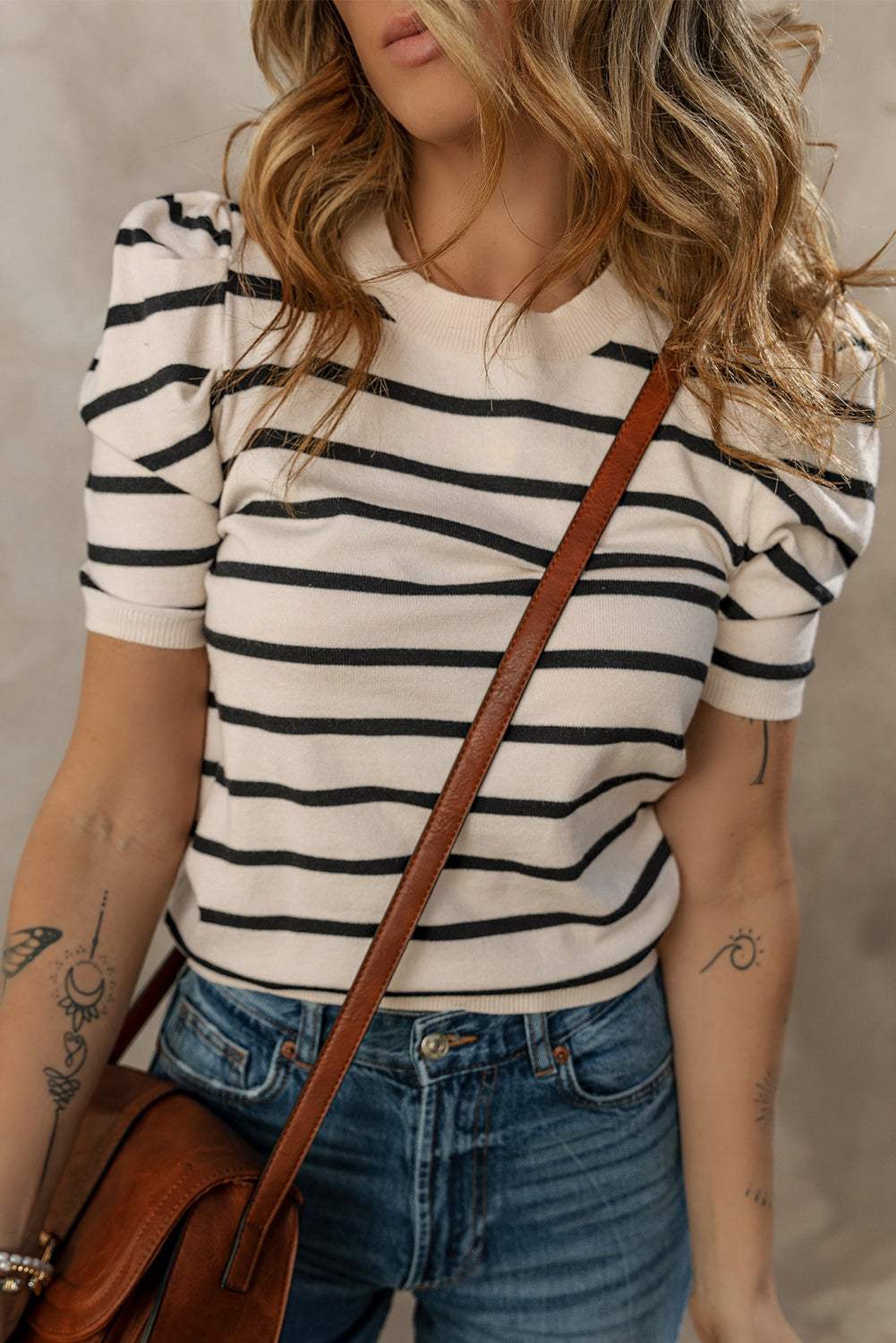 Stripe Ruched Bubble Sleeve Top