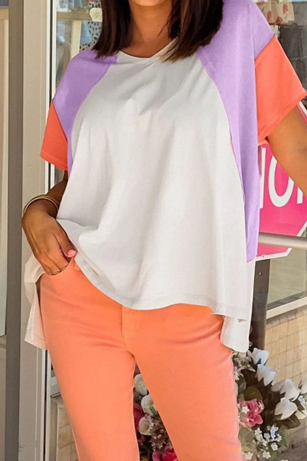 Color Block Patchwork V Neck Exposed Seam High Low T Shirt