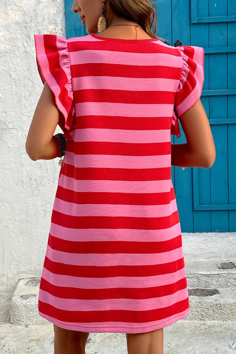Contrast Striped Round Neck Cap Sleeve Mini Dress