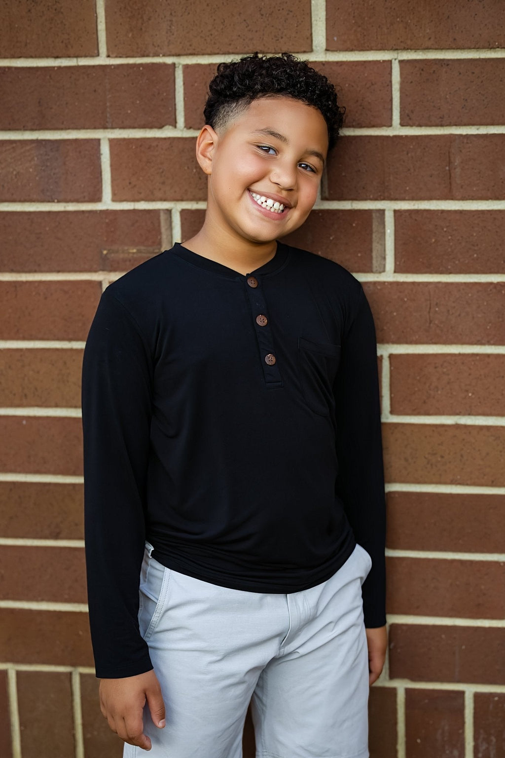 Boys Long Sleeve Henley in Moonless Night
