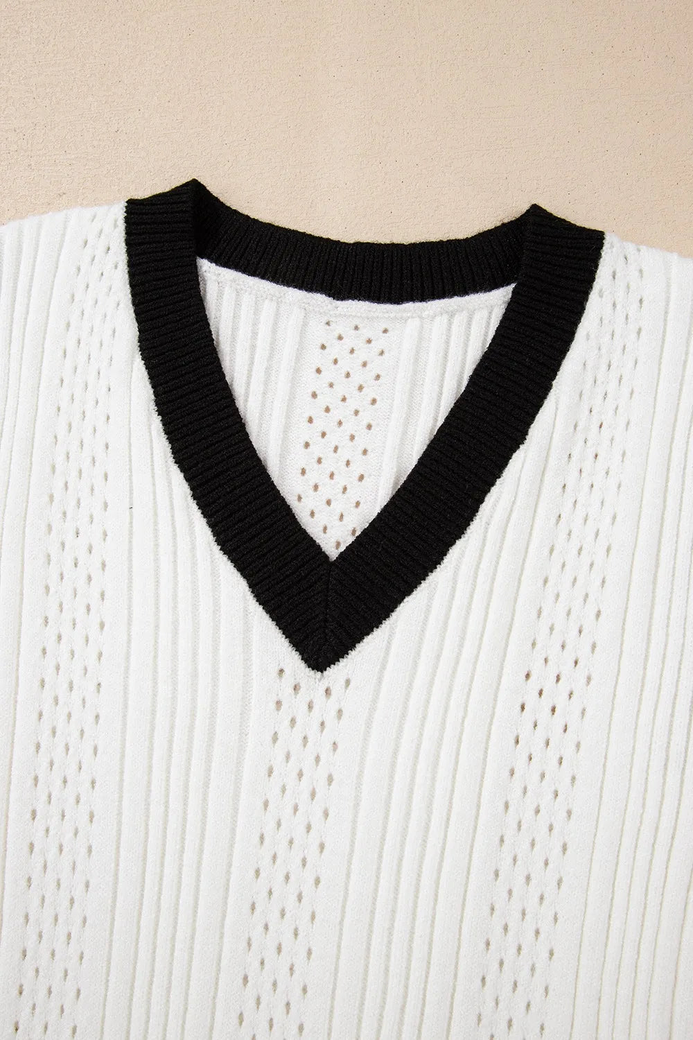 Contrast Trim Eyelet Knit V Neck Sweater Vest