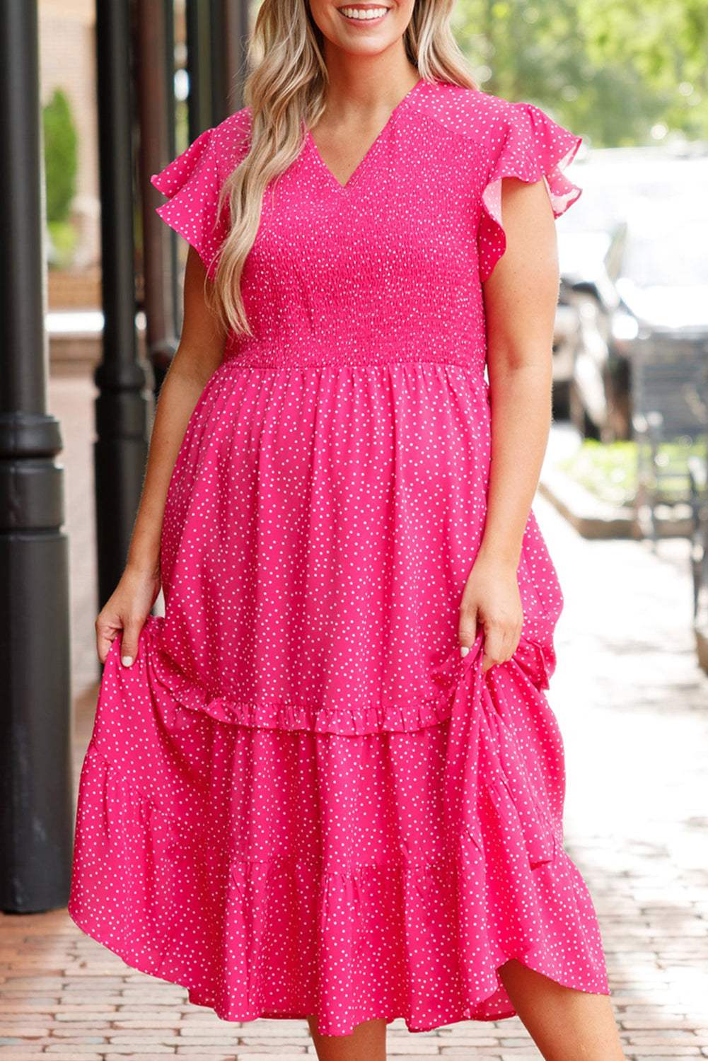 Plus Size Polka Dot V-Neck Midi Dress