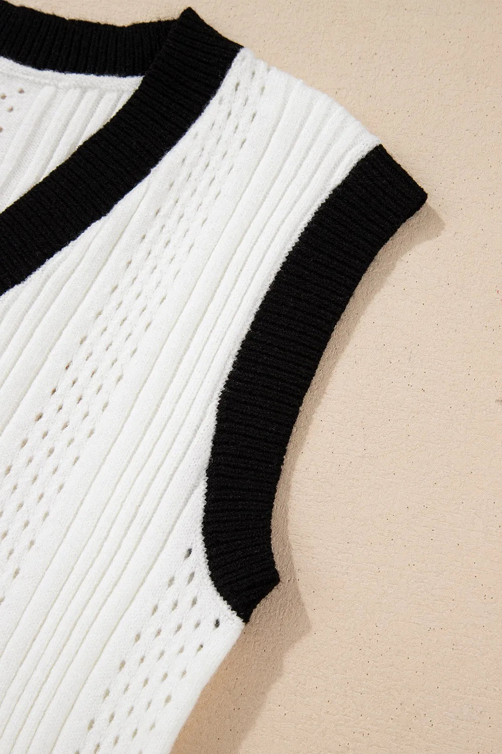 Contrast Trim Eyelet Knit V Neck Sweater Vest