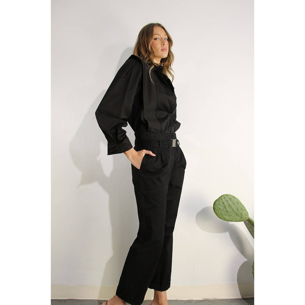 Structured High-Waist Belted Black Pants
