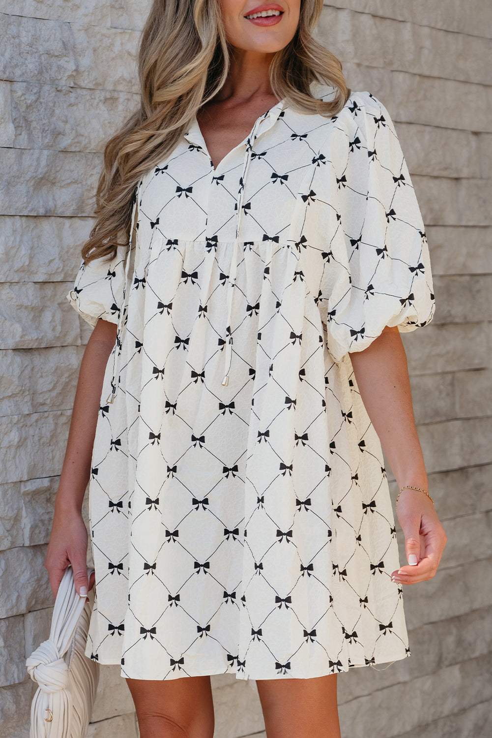Bow Textured Puff Sleeve Mini Dress