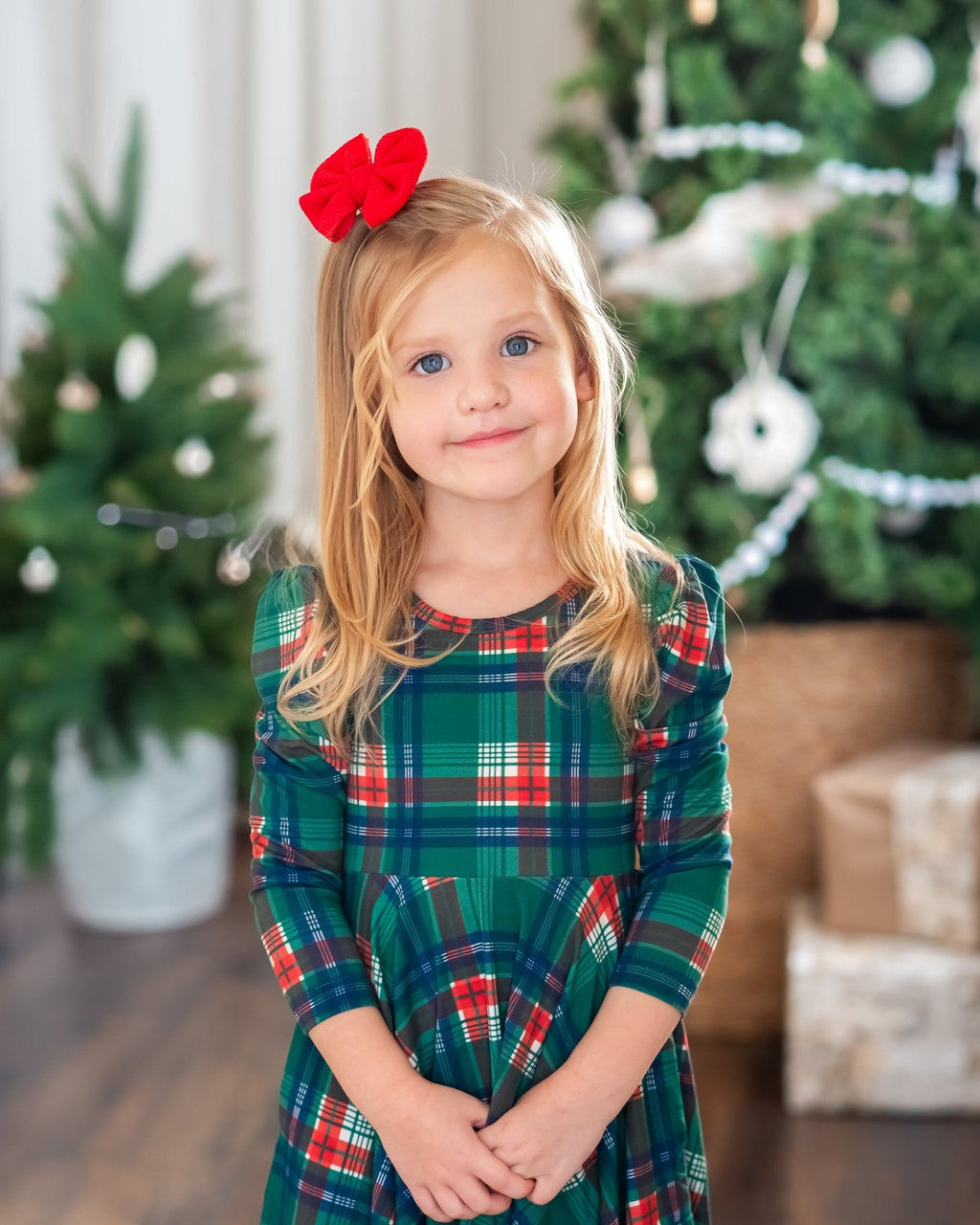 Christmas Plaid Puff Sleeve Twirl Dress