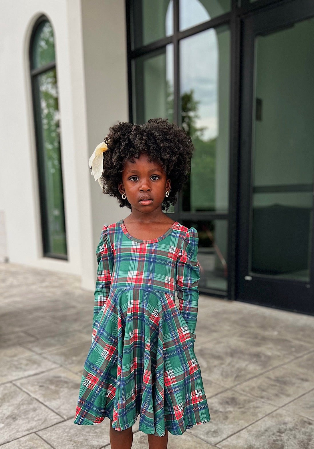 Christmas Plaid Puff Sleeve Twirl Dress