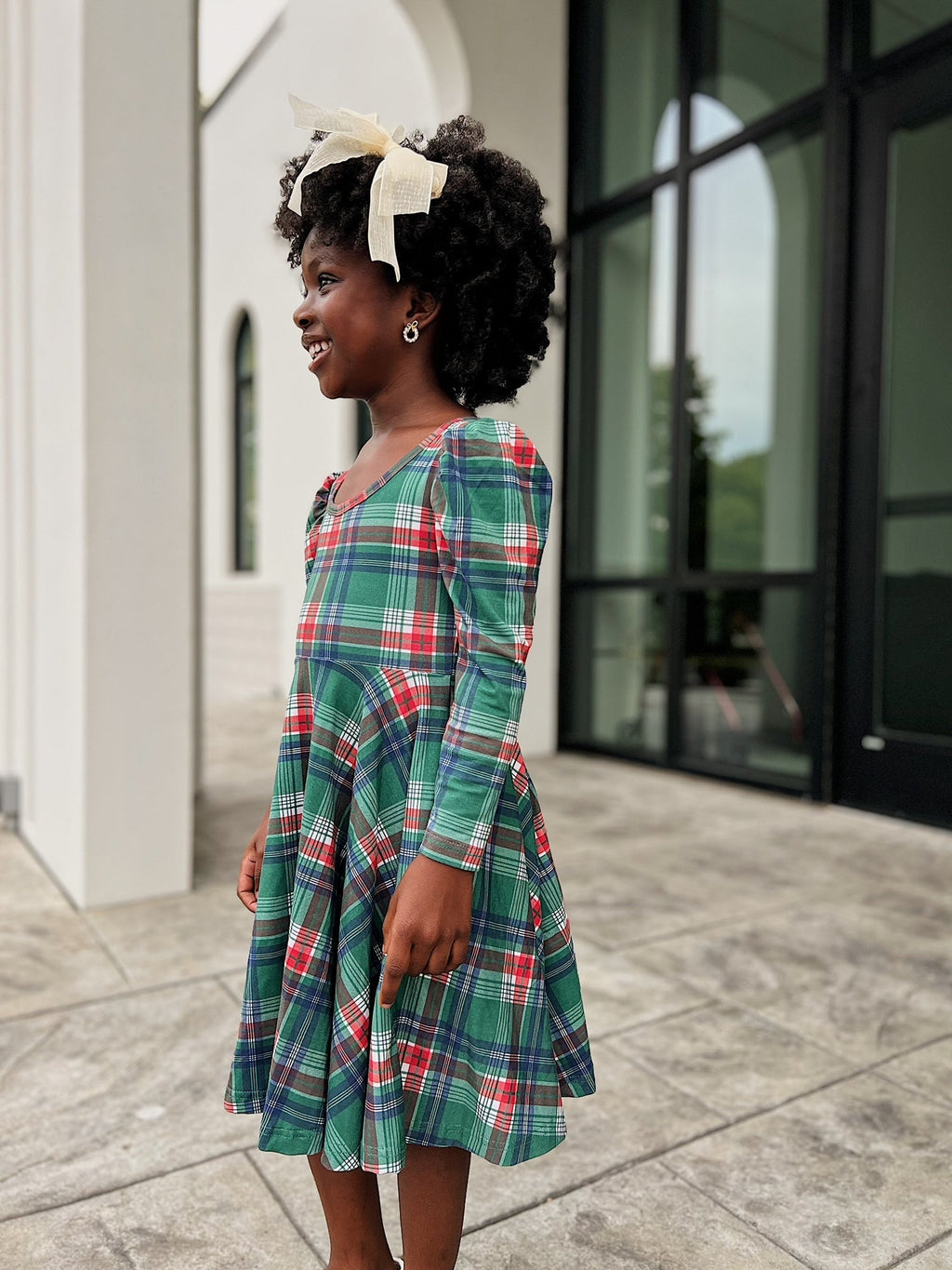 Christmas Plaid Puff Sleeve Twirl Dress