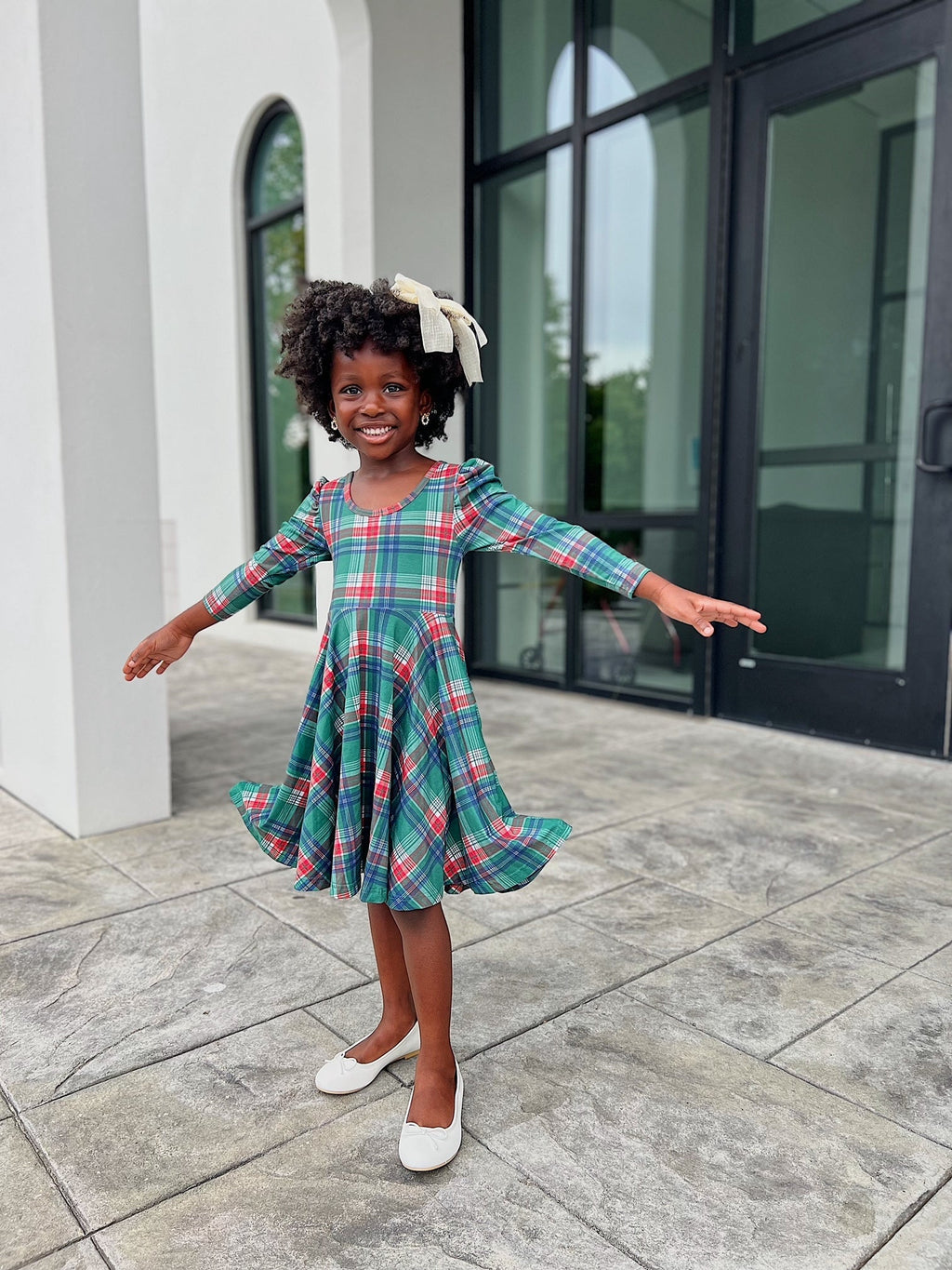 Christmas Plaid Puff Sleeve Twirl Dress