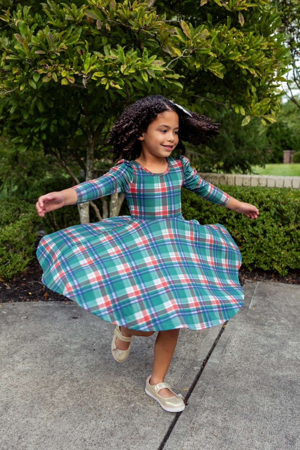 Christmas Plaid Puff Sleeve Twirl Dress