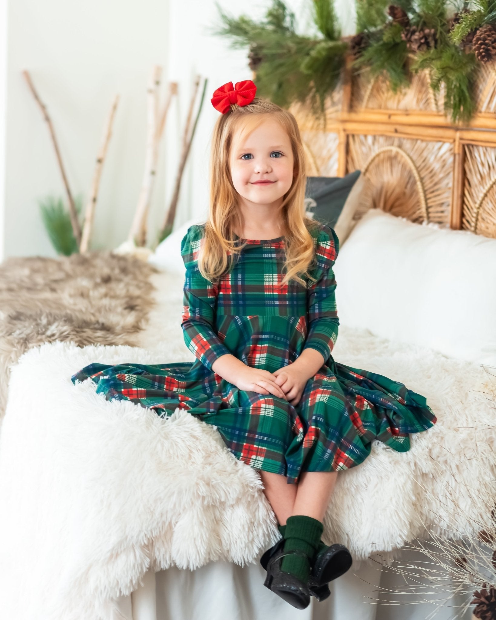 Christmas Plaid Puff Sleeve Twirl Dress