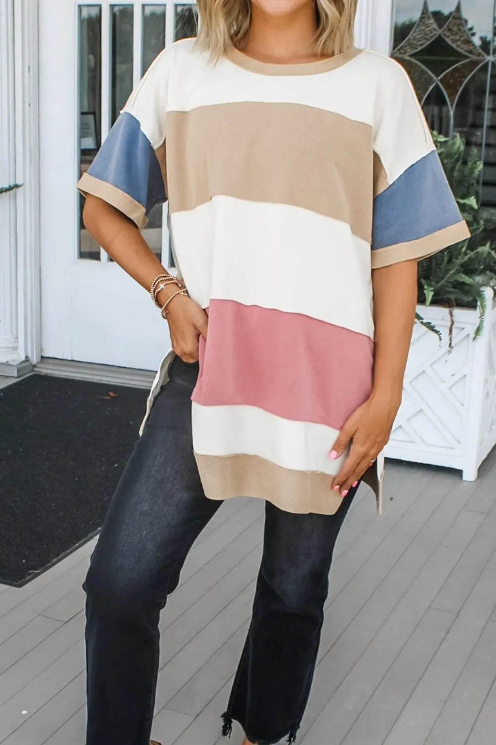 Color Block Patchwork Side Split Tunic T Shirt