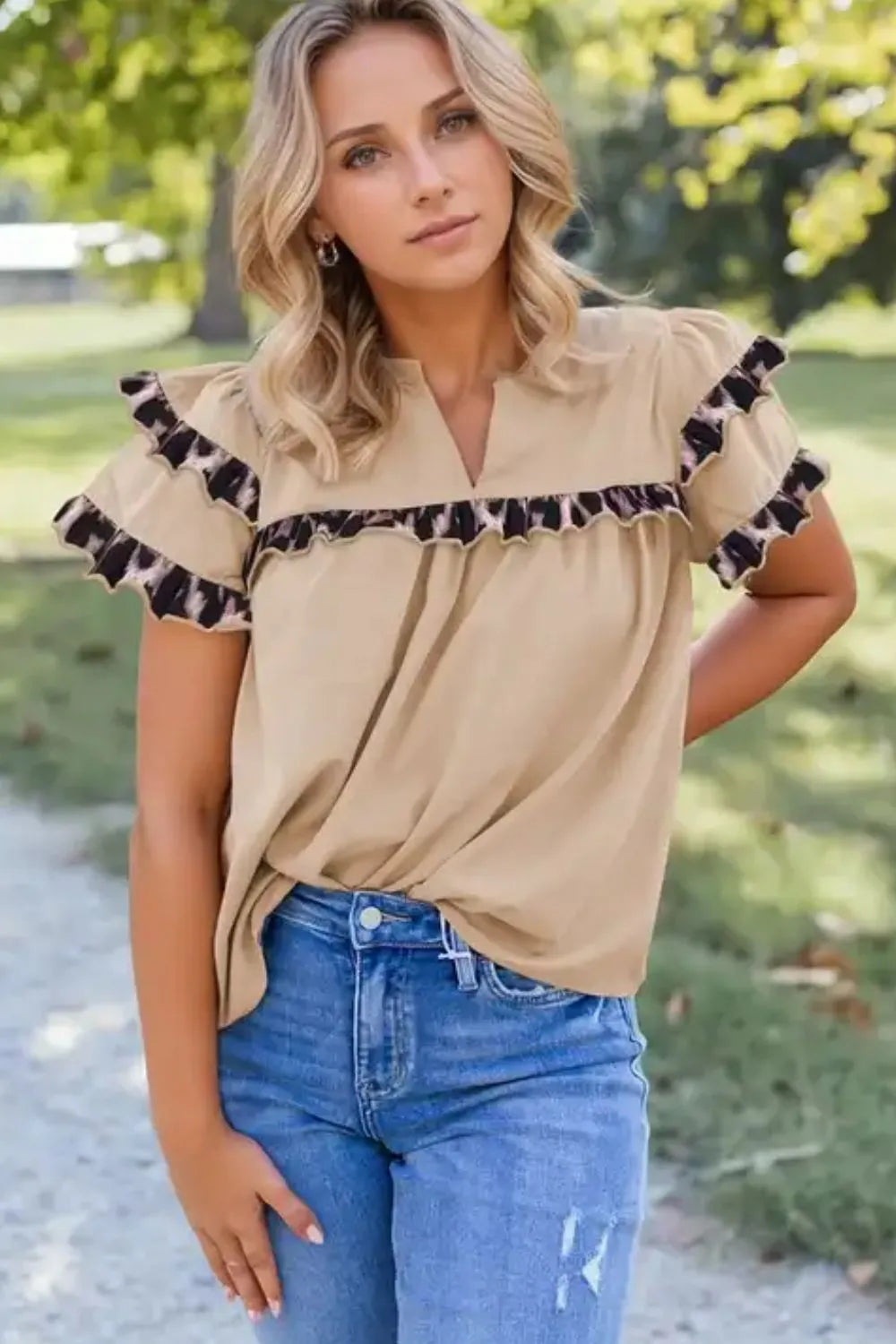 Leopard Frill Short Sleeve Blouse