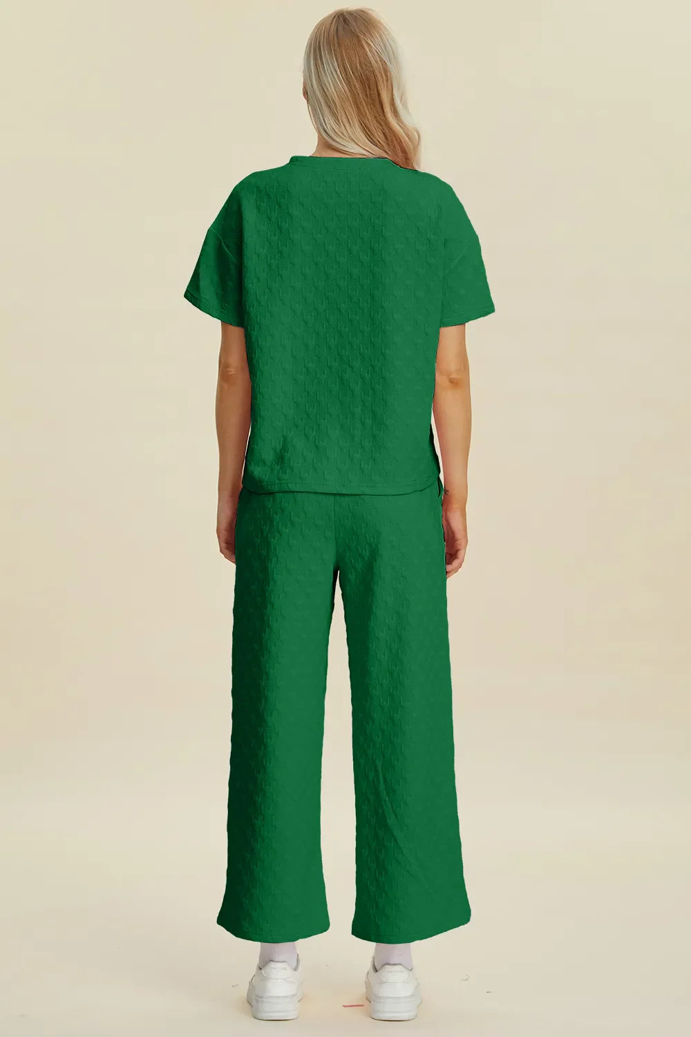 Double Take Full Size Texture Round Neck Short Sleeve Top and Pants Set