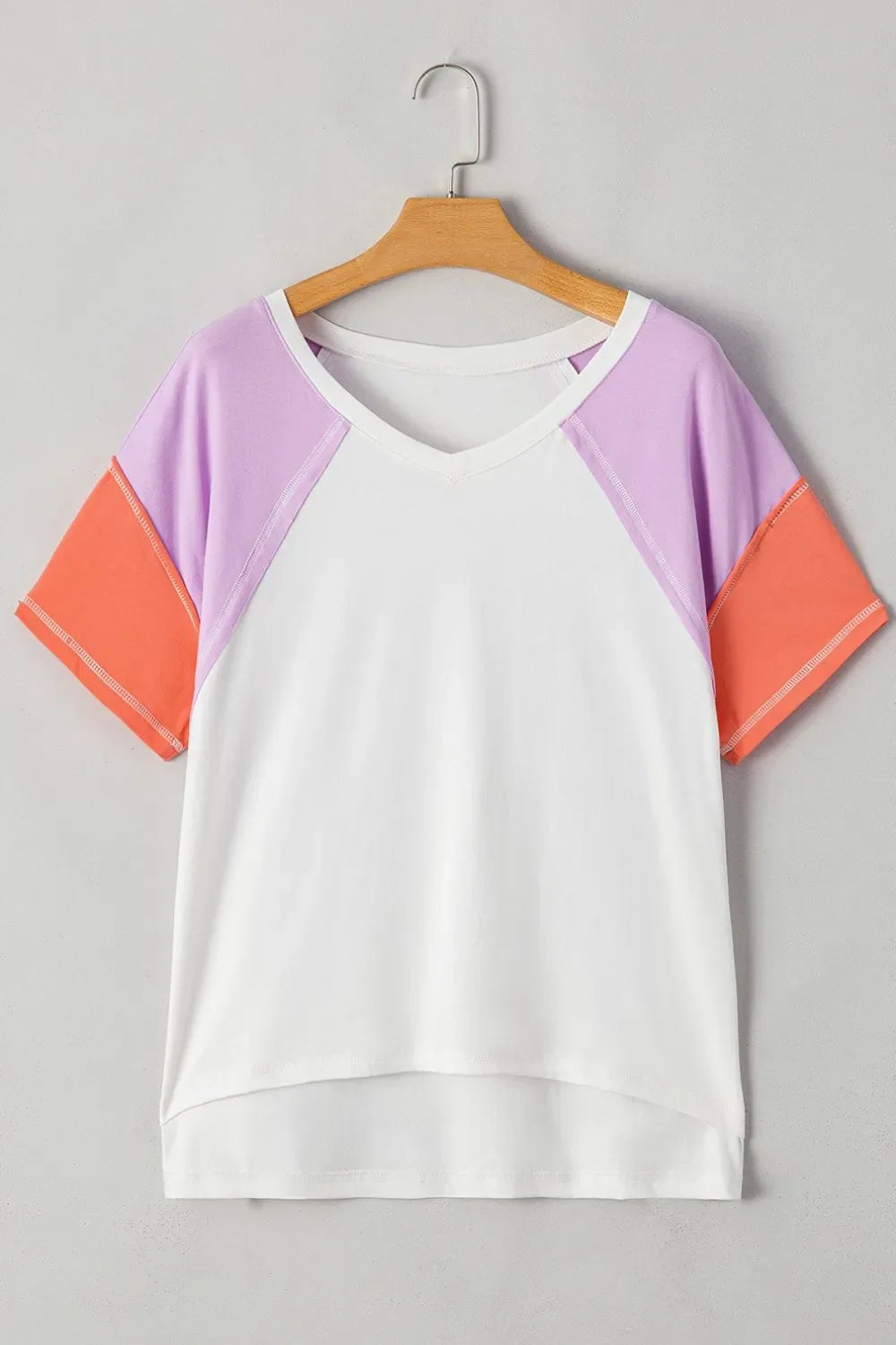 Color Block Patchwork V Neck Exposed Seam High Low T Shirt