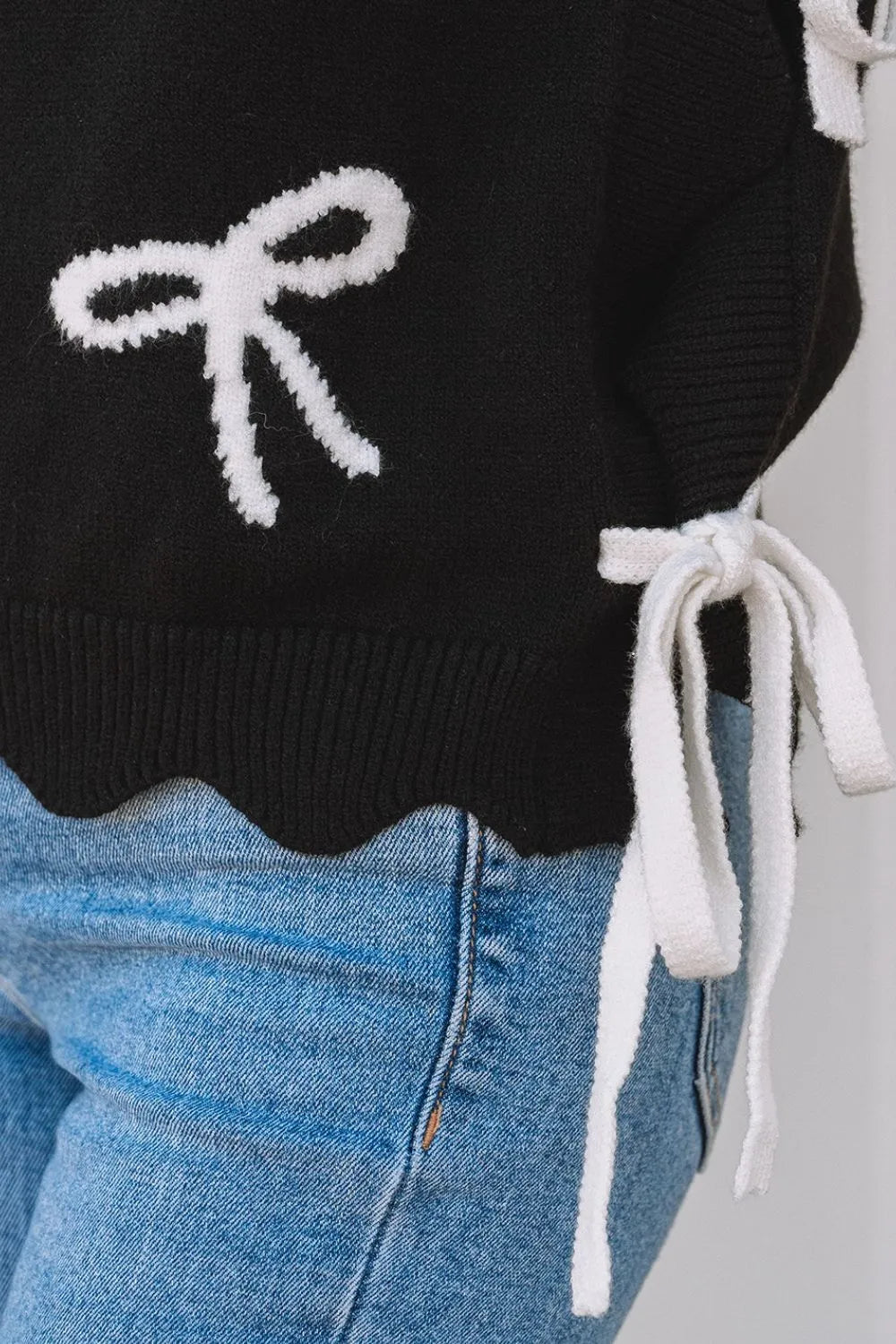 Bow Side Ties Scalloped Hem Cap Sleeve Sweater
