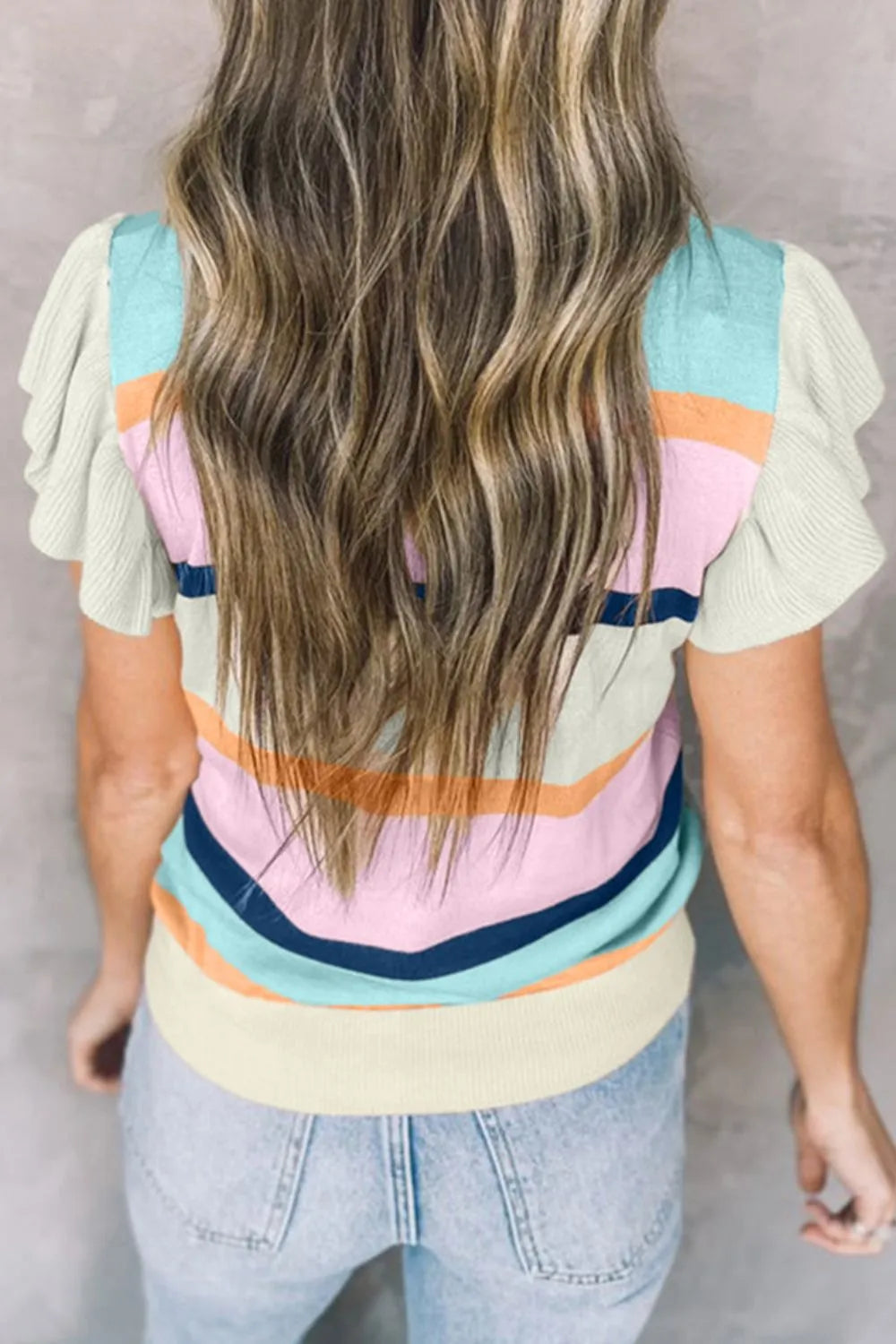 Color Block Round Neck Cap Sleeve Knit Top