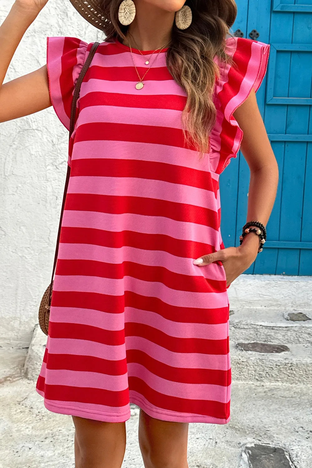 Contrast Striped Round Neck Cap Sleeve Mini Dress