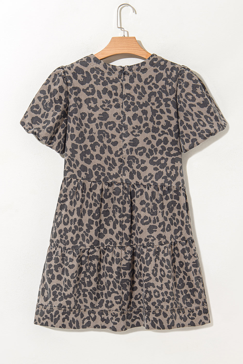 Brown Leopard Print Short Sleeve Flared Denim Mini Dress