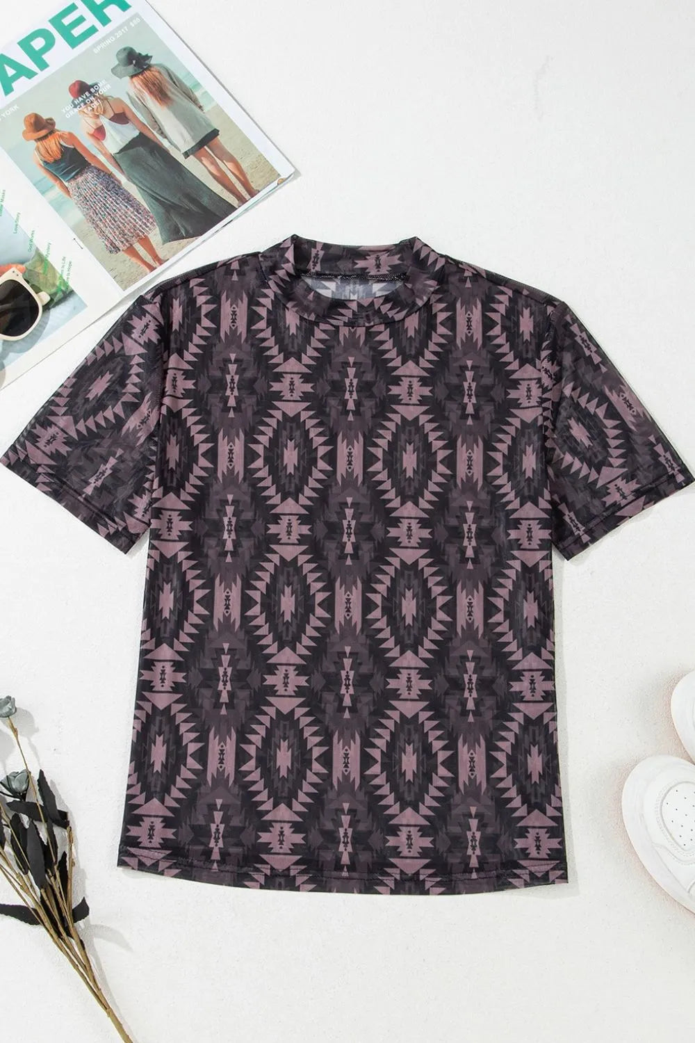 Aztec Print Mock Neck Short Sleeve Mesh T Shirt