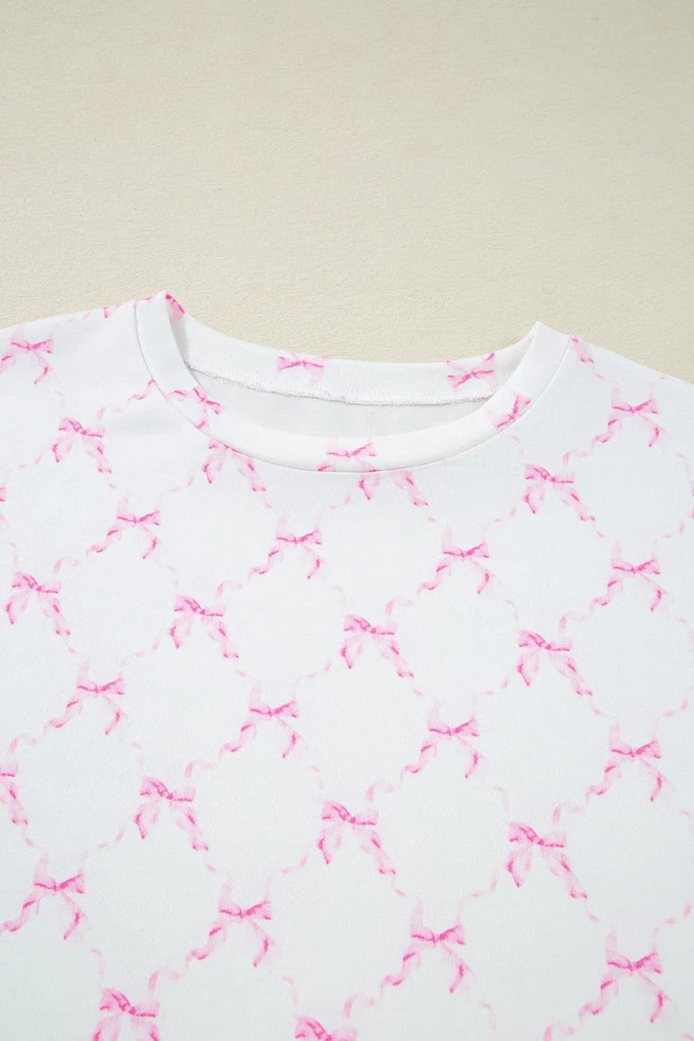 Bow Print Lettuce Trim Round Neck Top and Shorts Lounge Set