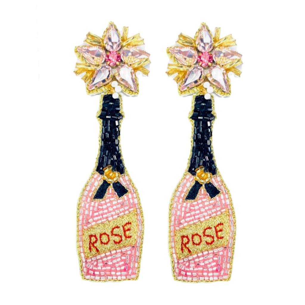 Rose Champagne Bottle Earrings - Pink and Black