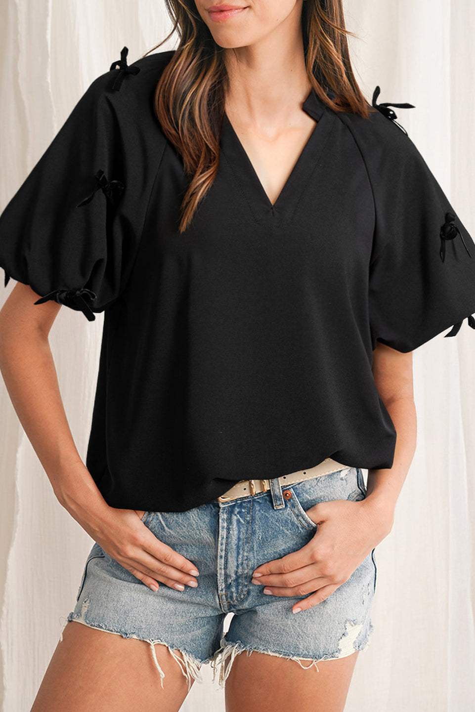 Bow Puff Sleeve V-Neck Blouse