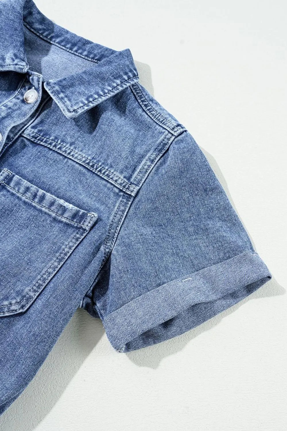 Chest Pocket Front Buttoned Folded Edge Denim Short Sleeve Romper