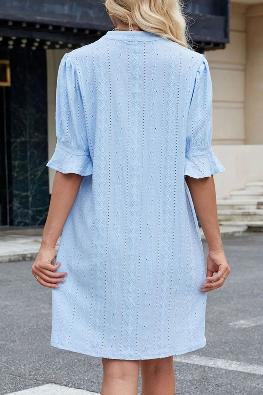 Jacquard Texture Flared Short Sleeve Notched Neck Mini Dress