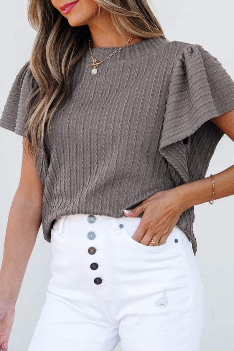 Solid Cable Textured Flutter Sleeve Top