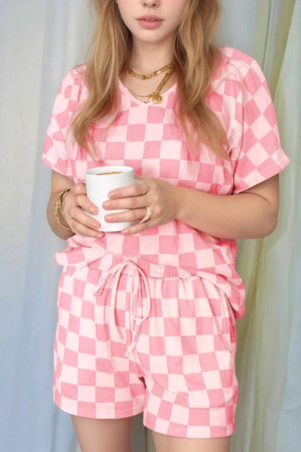 Checkered Short Sleeve Top and Shorts Set