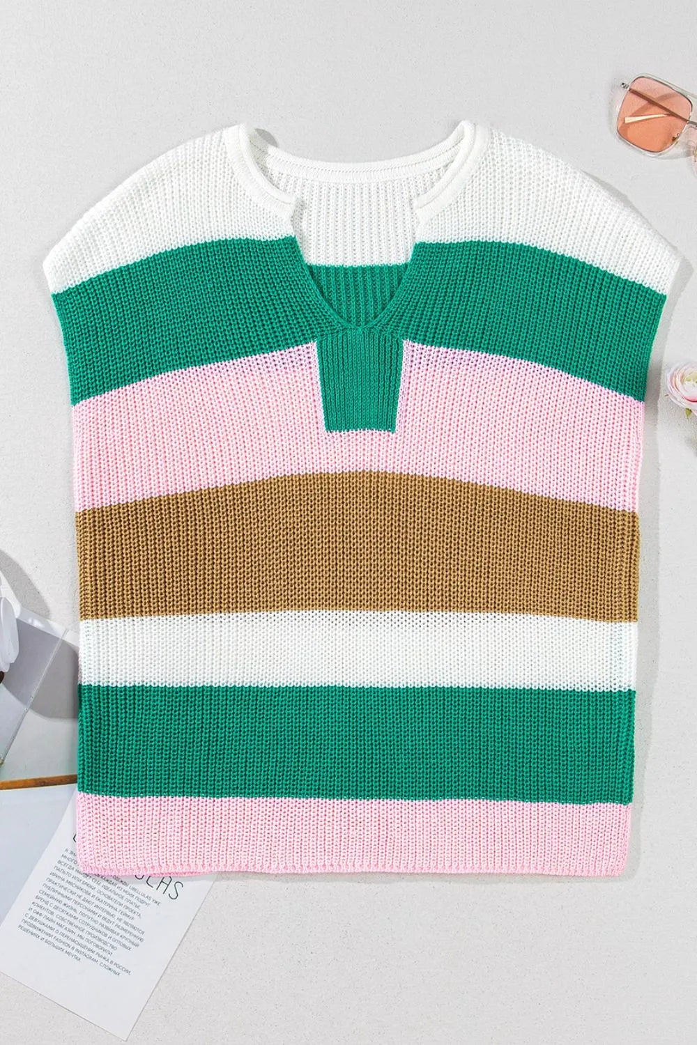 Color Block Notched Cap Sleeve Knit Top