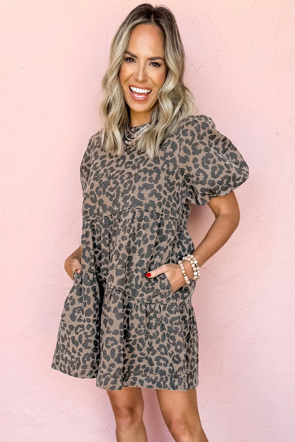 Brown Leopard Print Short Sleeve Flared Denim Mini Dress