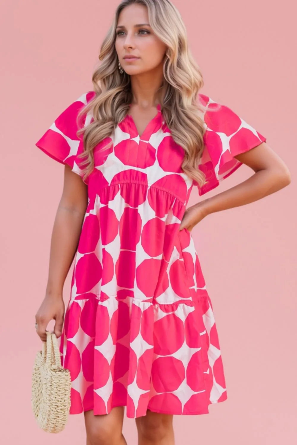 Contrast Notched Flutter Sleeve Dress