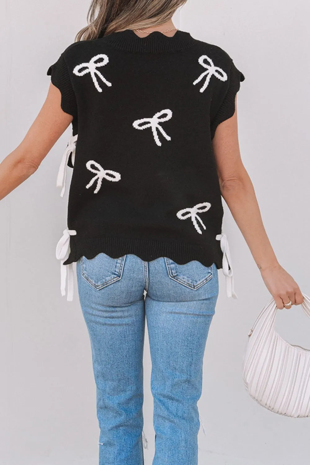 Bow Side Ties Scalloped Hem Cap Sleeve Sweater