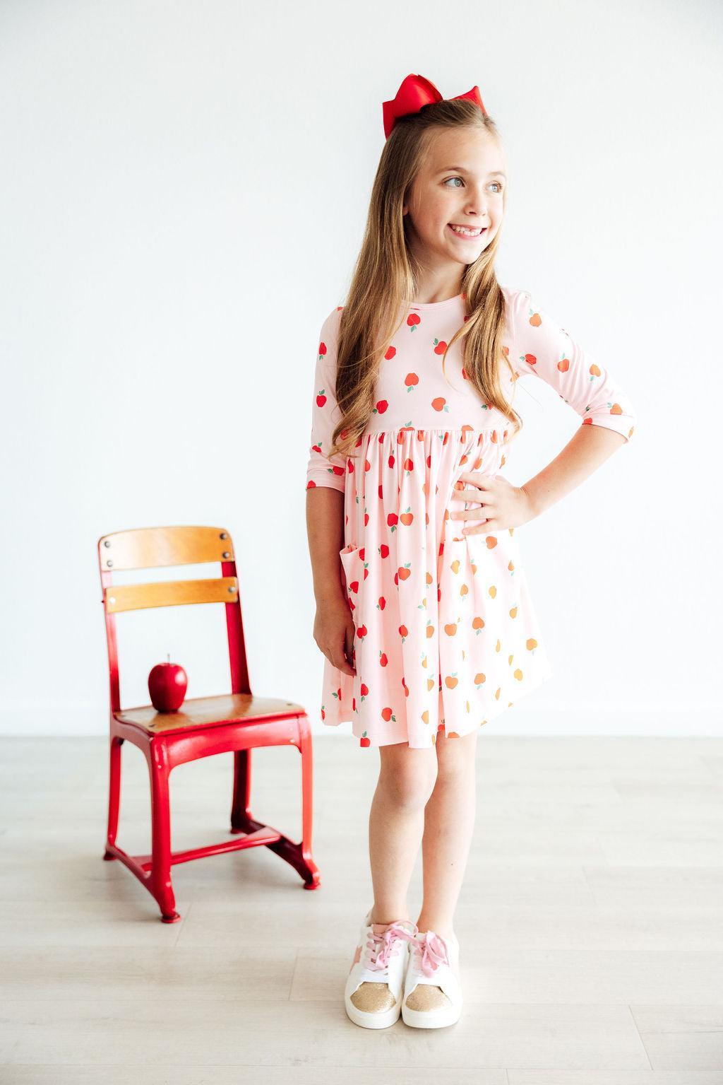 An Apple a Day 3/4 Sleeve Pocket Twirl Dress