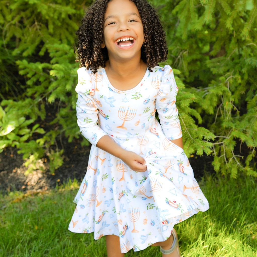 Organic Cotton Happy Hanukkah 3/4 Sleeve Twirl Dress