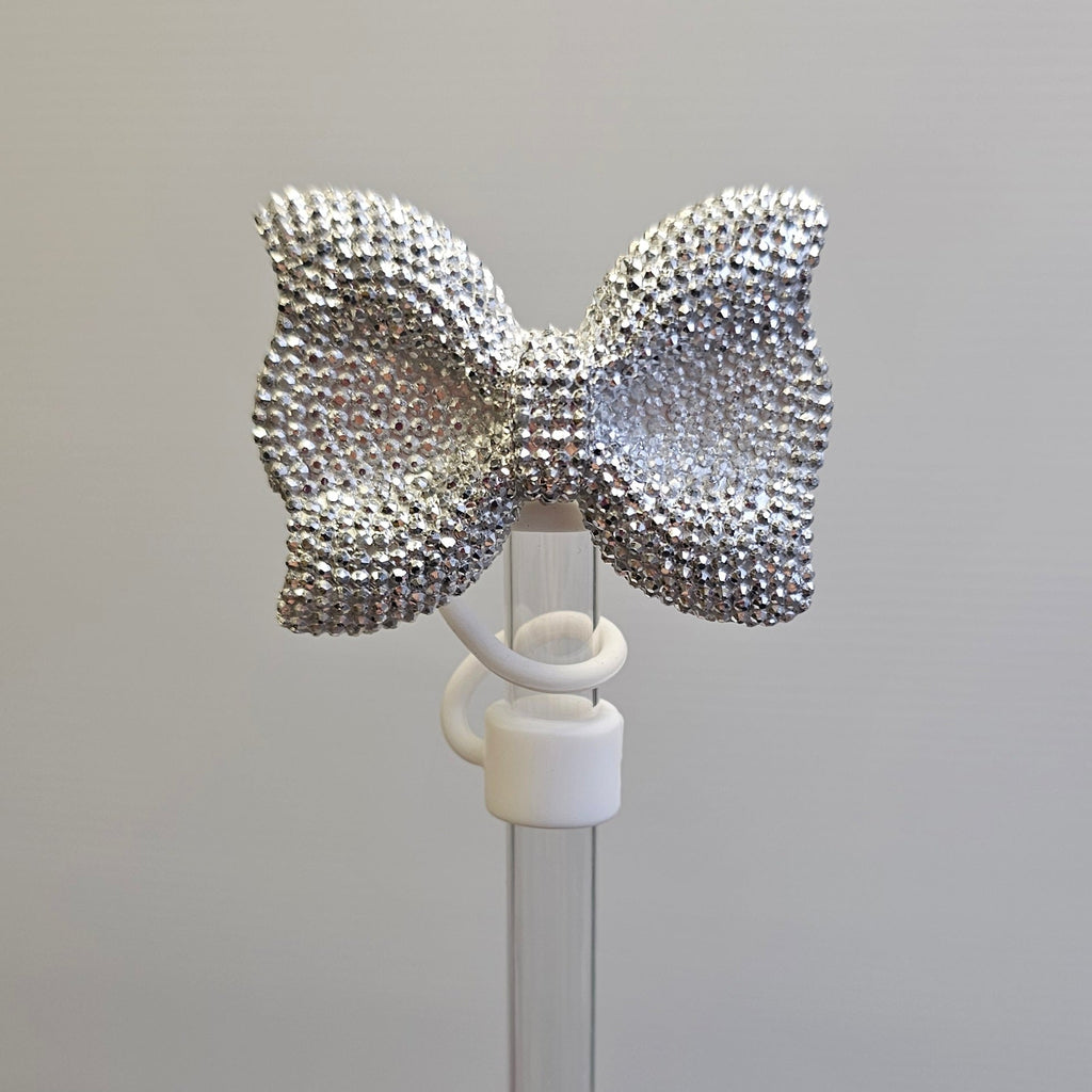 Glitter BOW Straw Topper - Straw Cover- Silver Glitter