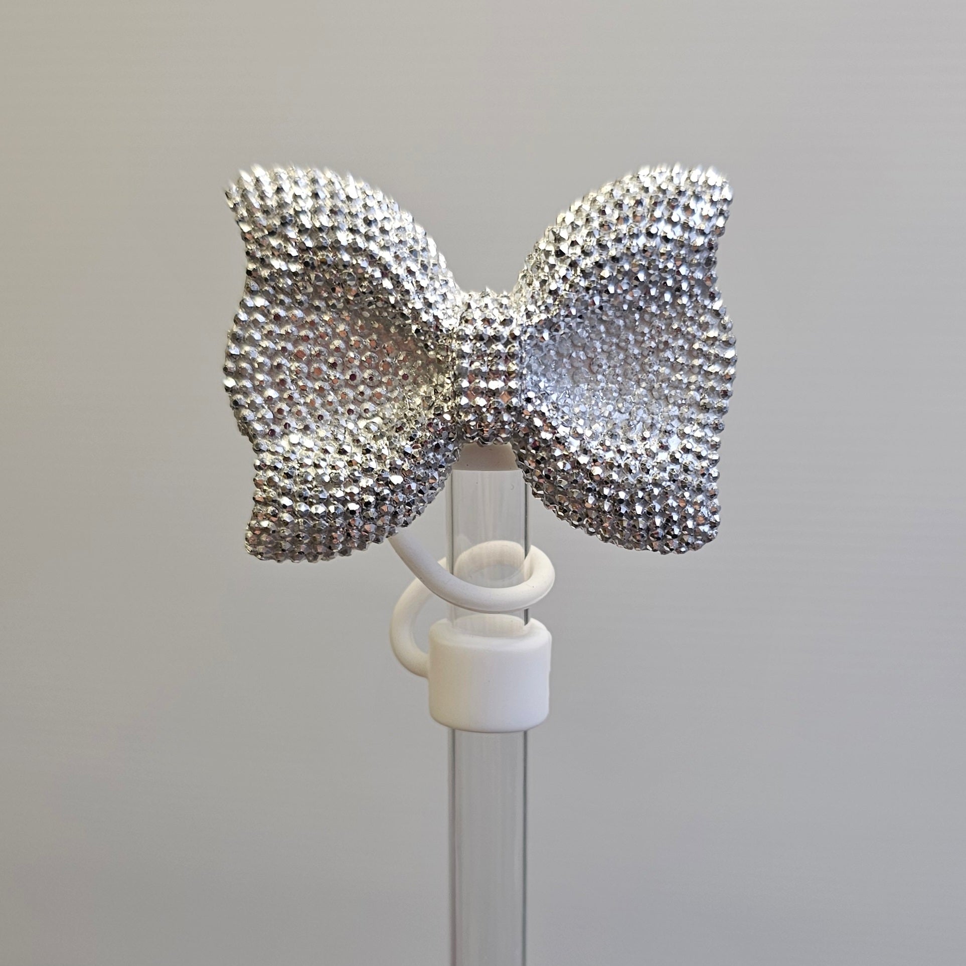 Glitter BOW Straw Topper - Straw Cover- Silver Glitter