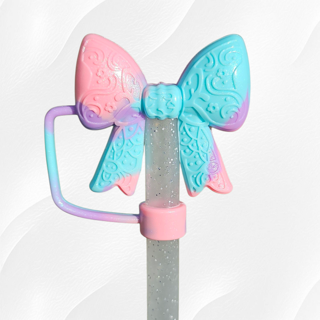 Lace Ribbon BOW 3D Silicone Straw Topper  - Pastel Swirl Shimmer